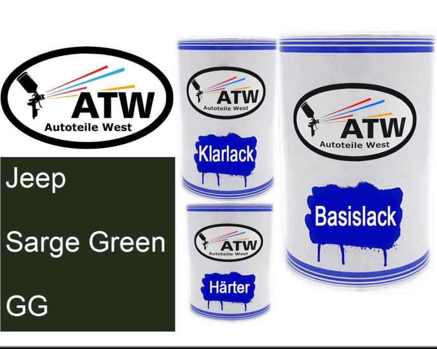 Jeep, Sarge Green, GG: 500ml Lackdose + 500ml Klarlack + 250ml Härter - Set, von ATW Autoteile West.